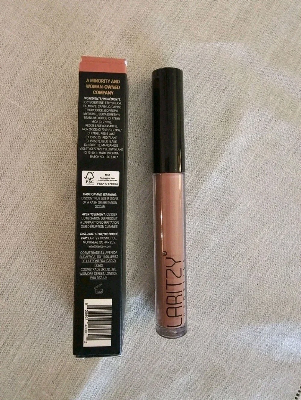 Laritzy Cosmetics Lip Gloss 3G/.1oz in Peach Sand/Nude Pink NIB Full Size
